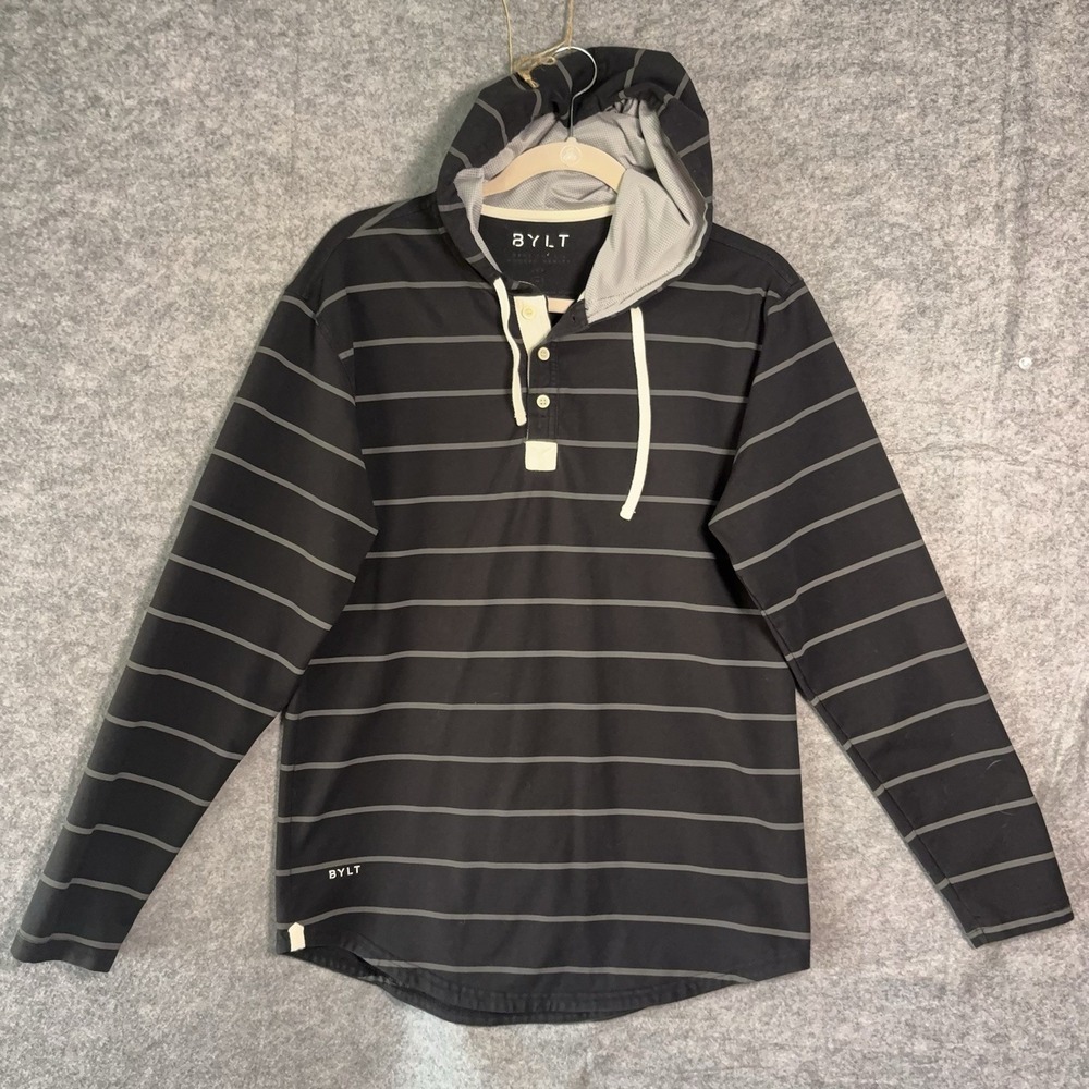 BYLT Drop Cut Hooded Henley Lux Mens Sz M Black Striped Performance Stretch Logo